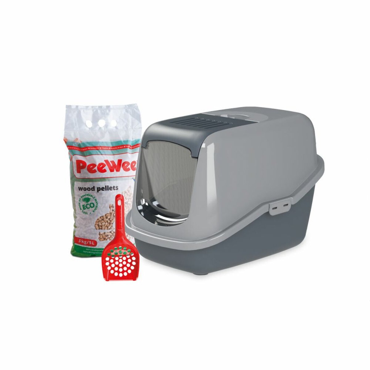 - Antraciet-Grijs - Combi Deal: PeeWee EcoHČ—s + schepje + 3 kg houtkorrels