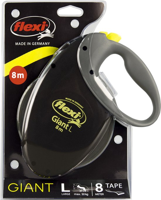 Flexi Giant L hondenriem, 8 meter, zwart met gele accenten en tekst 'Made in Germany'.