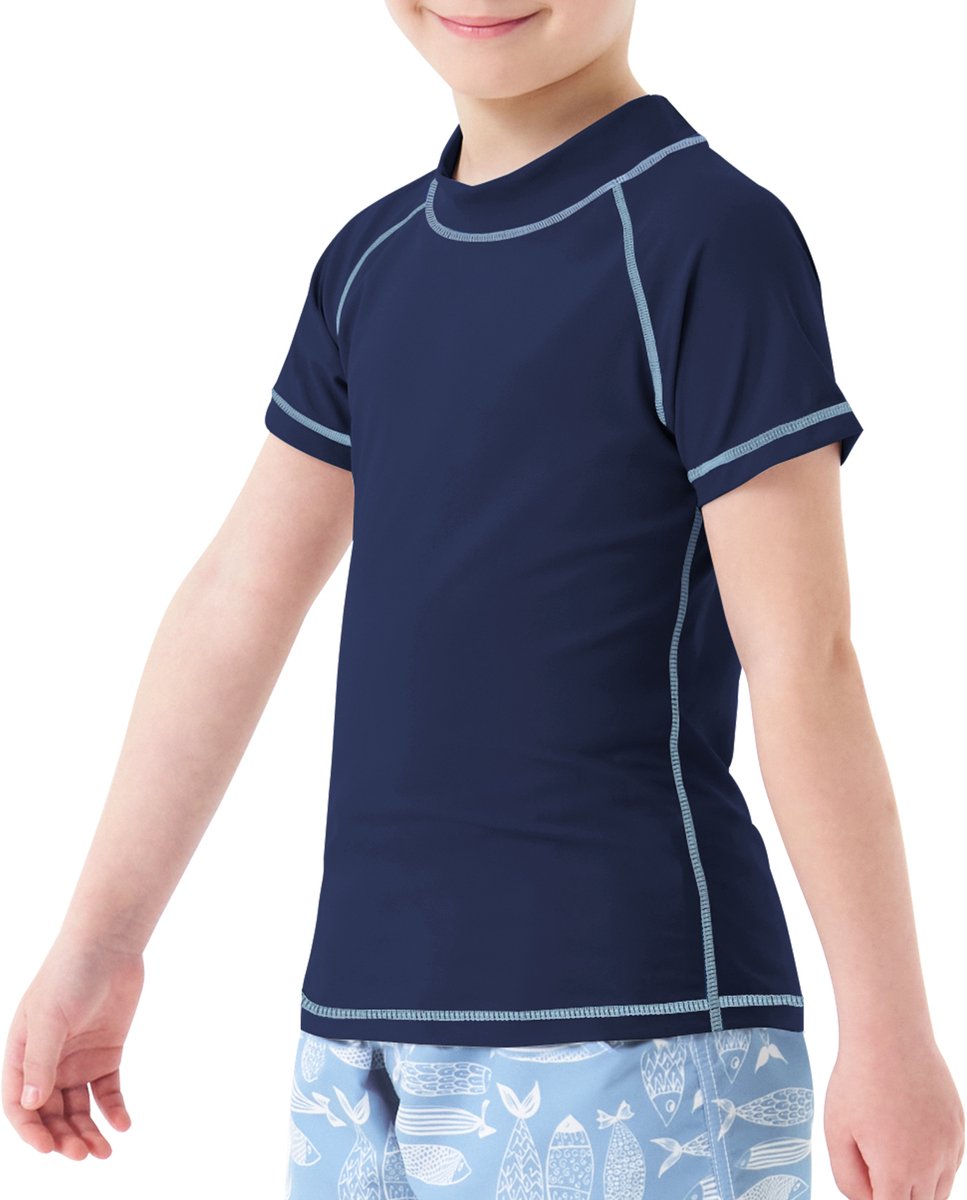 MEETHOO Jongens zwemshirt met korte mouwen, kinderzwemshirt met UV - bescherming, rashvest, surfshirt, snel drogend strandshirt - Korte mouwen - MARINE