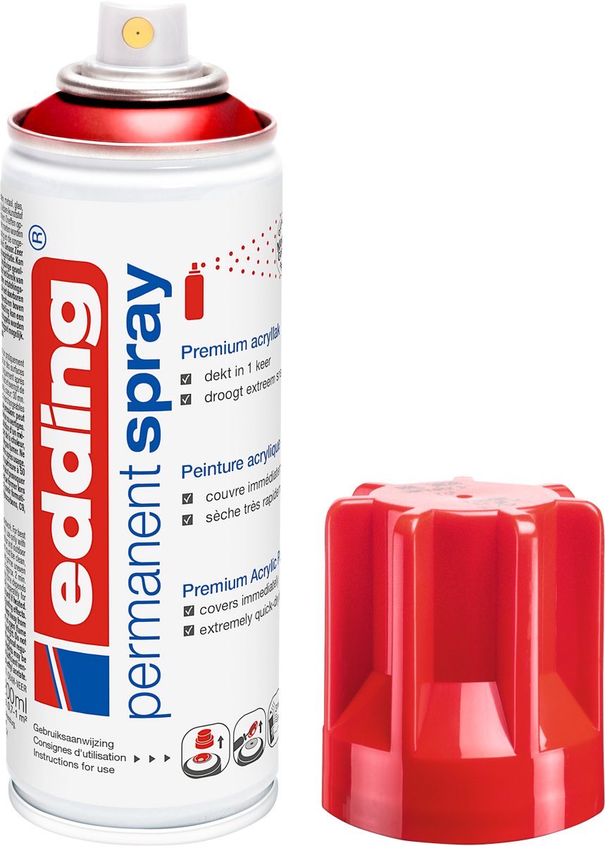 edding 5200 spuitverf in spuitbus - verkeersrood glanzend - 1 stuk - 200 ml verf - direct dekkend – 0,7-1 m2 oppervlak - acrylverf voor het lakken en versieren van glas, metaal, hout, keramiek, kunststof, canvas - permanent spray, verfspray