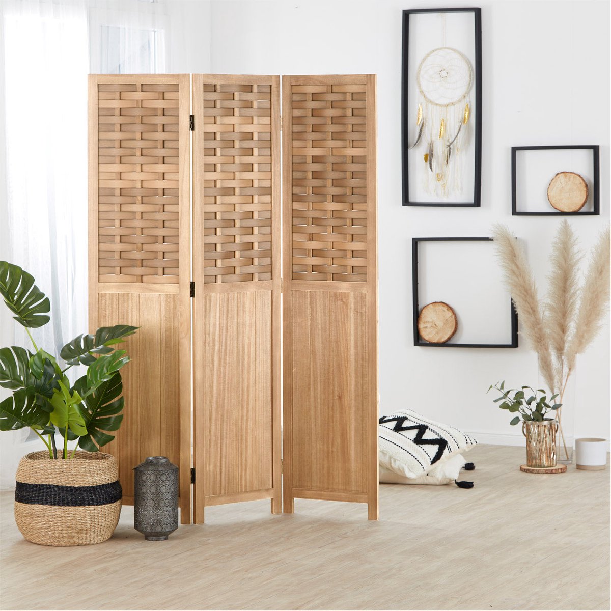 Homestyle4u Kamerscherm - 120x170 cm - geweven - 3-delig - lichtbruin