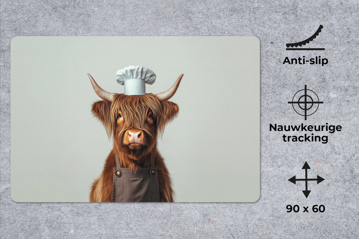 Muismat XXL 90x60 cm - Bureau onderlegger - Bureau mat Schotse Hooglander - Bruin - Hoorns - Kokskleding - Bureaumat - Gaming mousepad xl - Bureaulegger groot - Computer deskmat