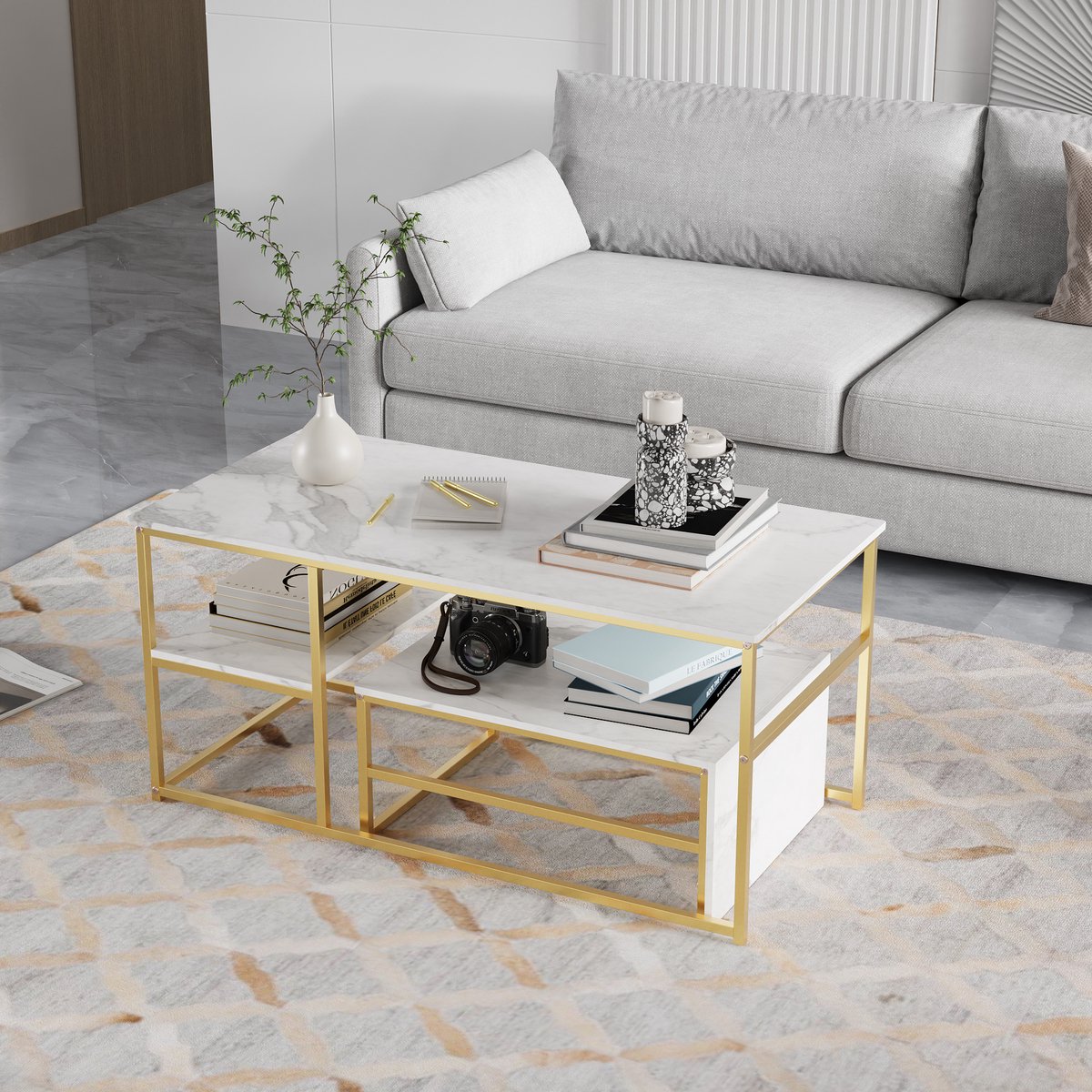 Vierkante salontafel – Wit marmerlook met goud metalen frame – Moderne koffietafel woonkamer