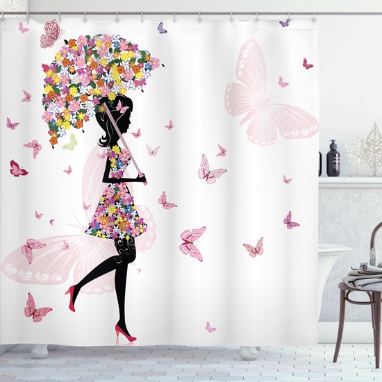 Silhouette noire d'une femme avec une robe et un parapluie décorés de fleurs colorées, entourée de papillons roses.