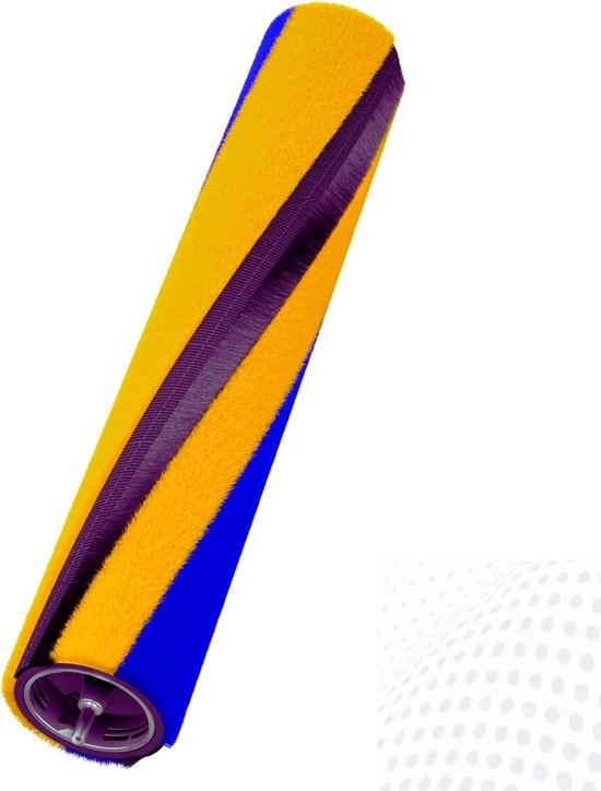 Een stofzuigerborstelrol met blauwe, gele en paarse strepen.