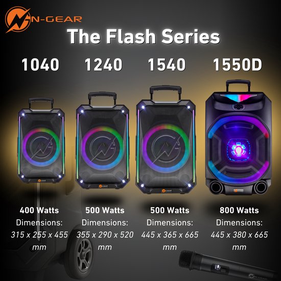N-GEAR THE FLASH 1040 - Bluetooth Karaoke Speaker - 10 Inch Woofer - Discolicht - Draadloze Microfoon - Krachtige party speaker met lichtshow en TWS - 400w — afbeelding 3