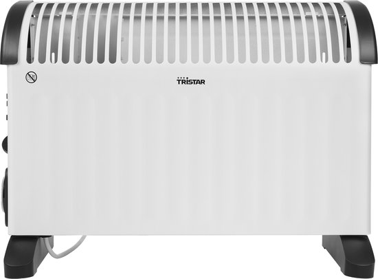 Witte Tristar convector kachel met zwarte voetjes en zwarte handvatten aan de zijkant. De kachel heeft een geperforeerd rooster.