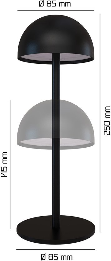 Dimensions de la lampe de table noire : hauteur 250 mm, diamètre du chapeau 85 mm, diamètre de la base 85 mm. Hauteur réglable.