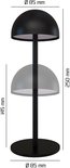 Dimensions de la lampe de table noire : hauteur 250 mm, diamètre du chapeau 85 mm, diamètre de la base 85 mm. Hauteur réglable.