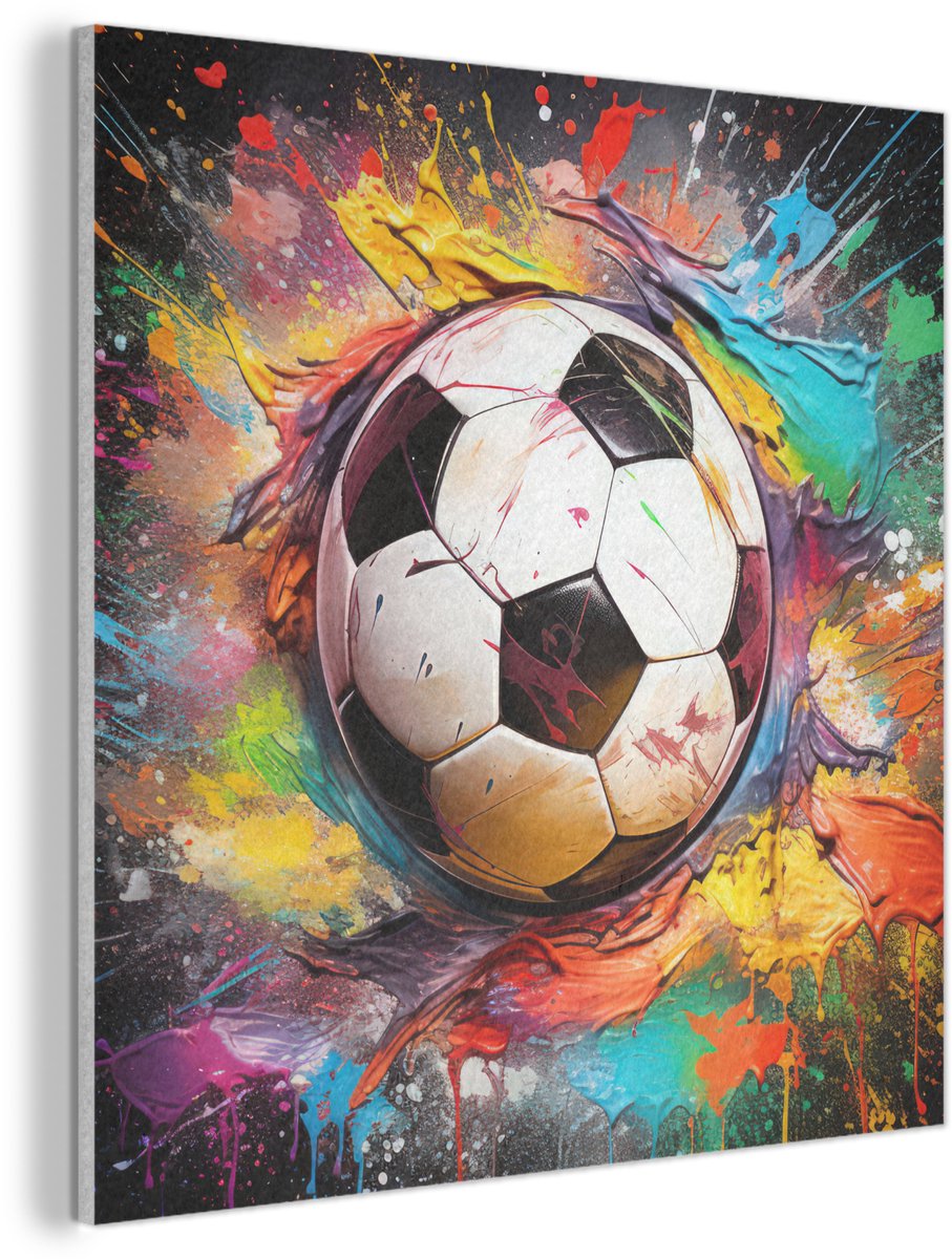 Akoestisch wandpaneel 50x50 cm - Vilt schilderij Voetbal - Verf - Kleuren - Zwart - Wit - 