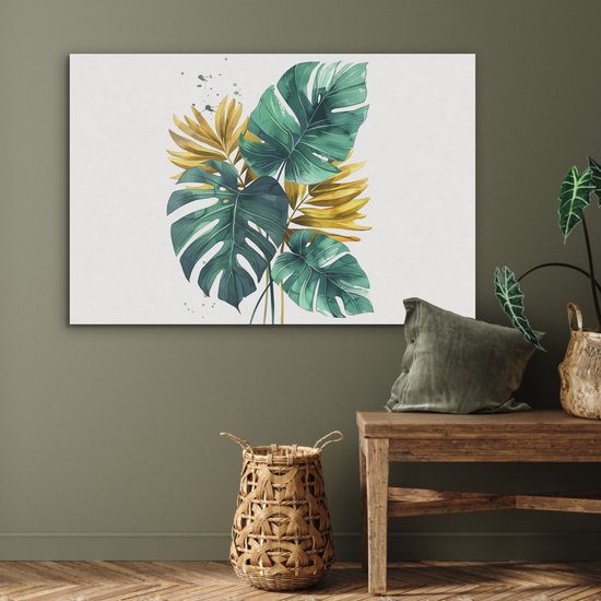 Akoestisch wandpaneel 100x70 cm - Vilt schilderij Bladeren - Monstera - Groen - Goud - Modern - Akoestische panelen - Geluidsdempende wanddecoratie - Geluidsisolatie woonkamer - Muurdecoratie geluidspanelen