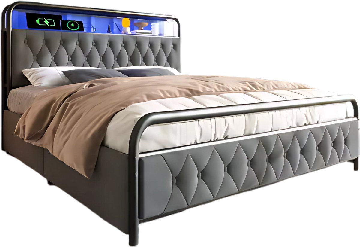 Happiq Bed - Tweepersoonsbedden - Tweepersoonsbed - USB C Oplaadfunctie APP-bediening LED Metalen bed - 140x200 - bedframe 4 Laden Fluweel Grijs