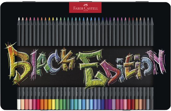 Zwart etui met 36 kleurpotloden boven en onder, met 'Black Edition' graffiti op de muur.