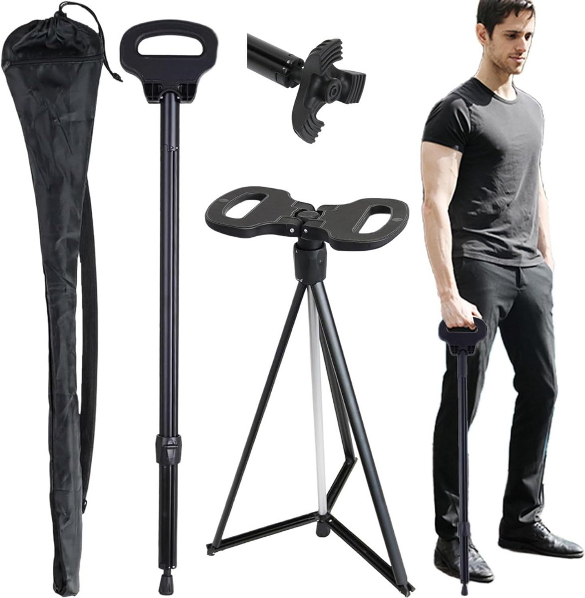 CLVP® Wandelstok met Zitje - Opvouwbaar – Wandel Zitstok Tot 100 kg - Driepoot