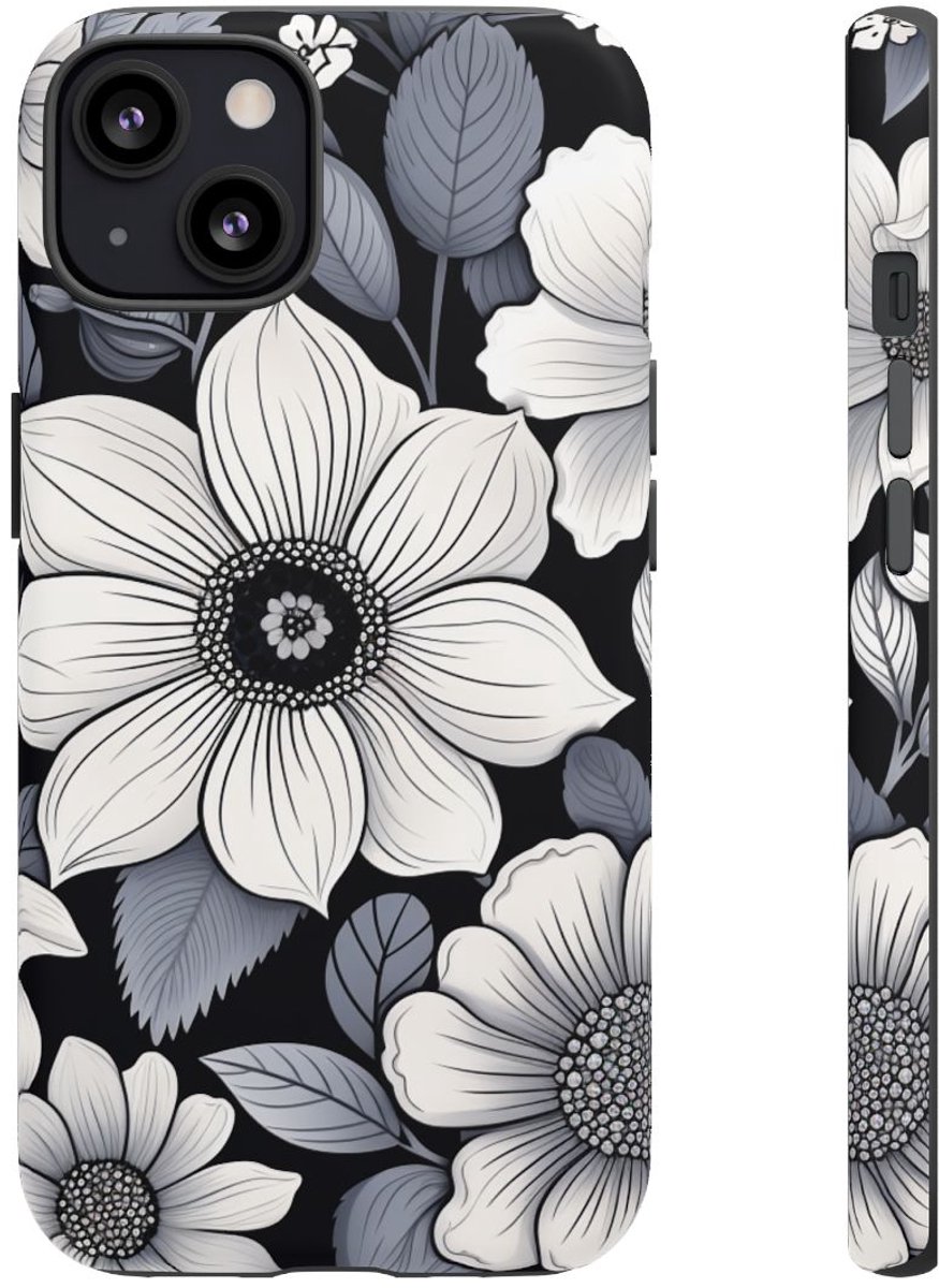 Zwart-Wit Bloemenpatroon – Telefoonhoesje Geschikt voor iPhone 13