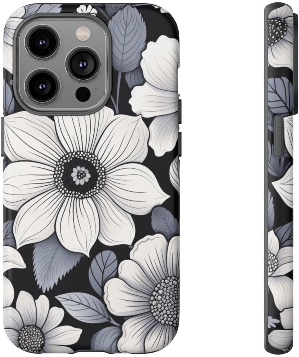 Zwart-Wit Bloemenpatroon – Telefoonhoesje Geschikt voor iPhone 14 Pro