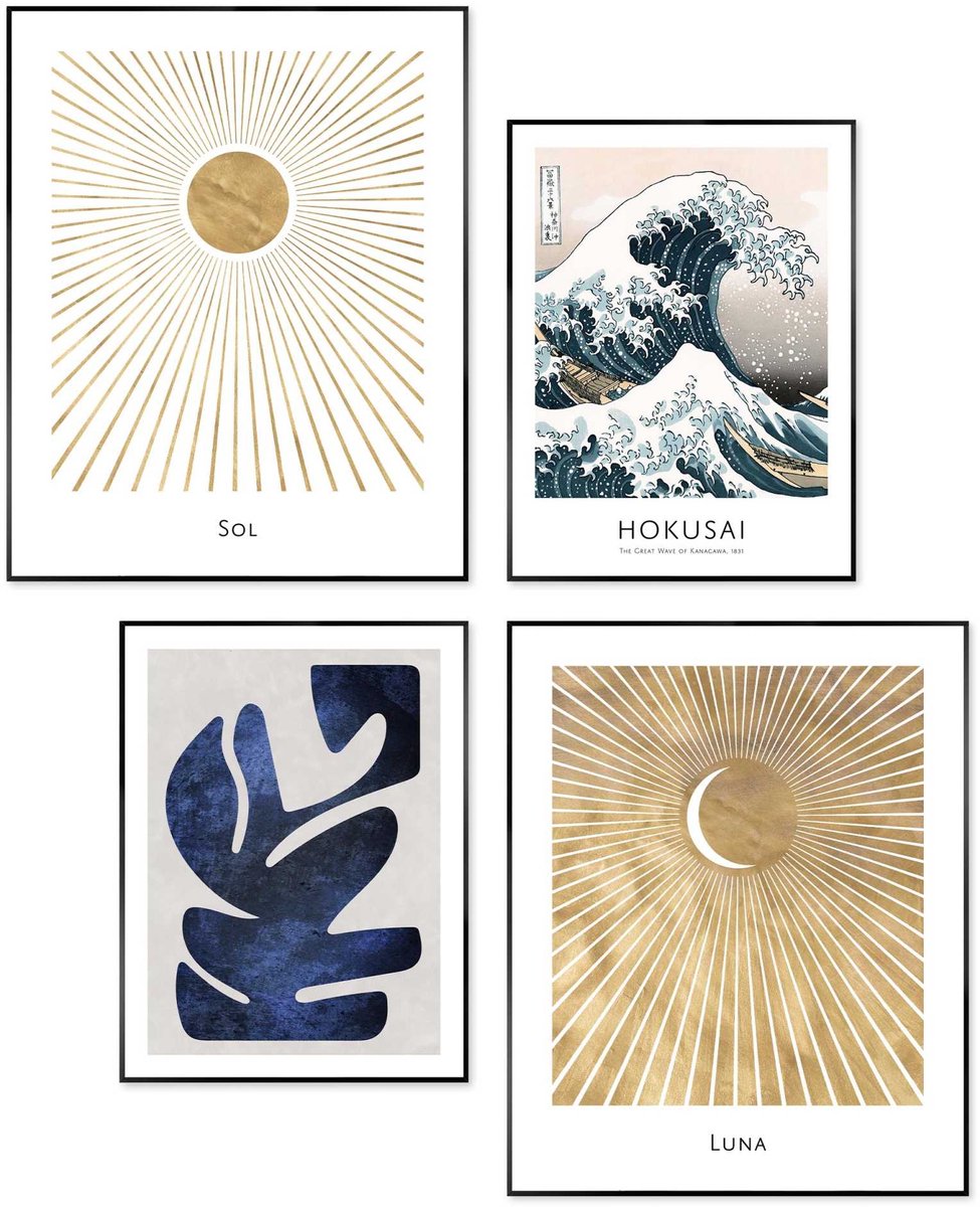 REINDERS Schilderijen set Hokusai de grote golf set - 50 x 40 - Hout - REINDERS Hokusai de grote golf set Zwart