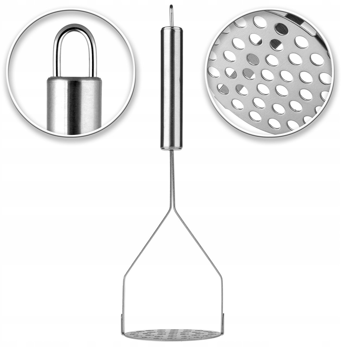 KADAX Aardappelstamper met geperforeerde plaat, groentestamper van roestvrij staal, keukenstamper met ovaal handvat, aardappelpers, perfect voor groenten, aardappelpuree, keukenhulp