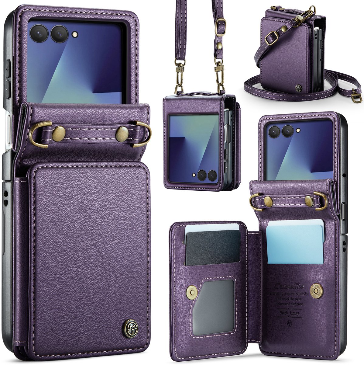 CaseMe Geschikt voor Samsung Galaxy Z Flip 7 PU Leren Backcover hoesje met kaarthouder - Paars
