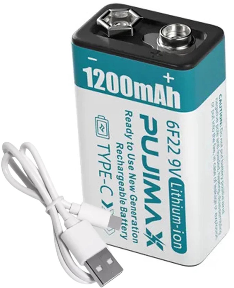 PUJIMAX 9V Li-ion Oplaadbare Batterij – 1200mAh – USB Type-C Oplaadkabel Inbegrepen – Hoogste Capaciteit in Klasse (1stuk)