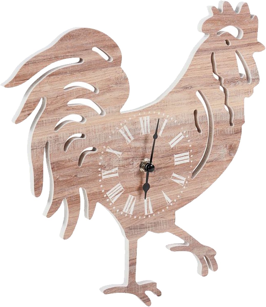 Ostaria Wandklok/muur klok Rooper - kip/haan - D30 cm - MDF - naturel - woonkamer/keuken