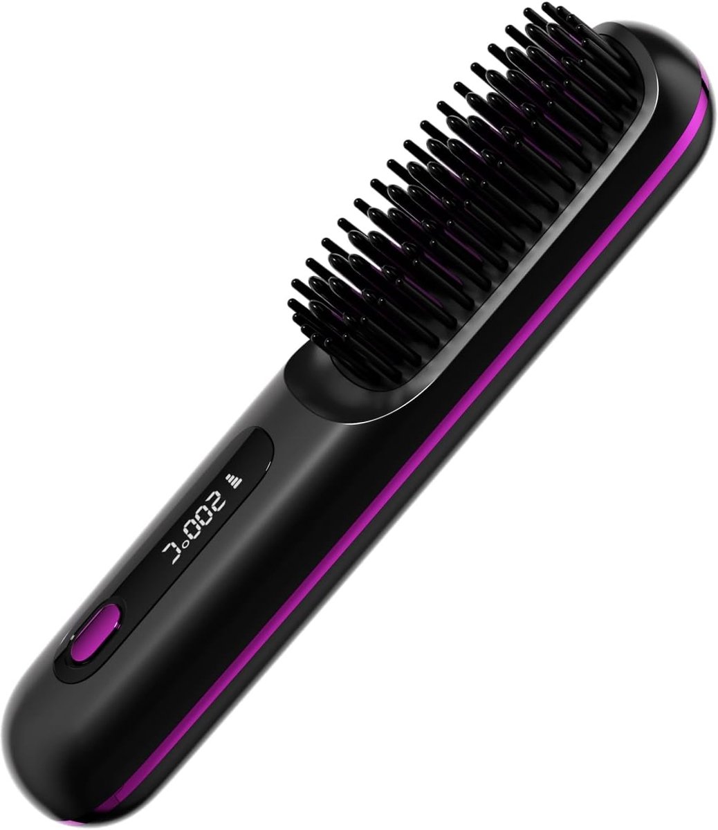Kam - Stijltang - Draadloze stijltang - Mini stijltang - Negatieve ionen keramische haarborstel voor dames - Stijltang - Krullen - Geschikt voor Glad - Golvend en Krullend Haar - Zwartpaars