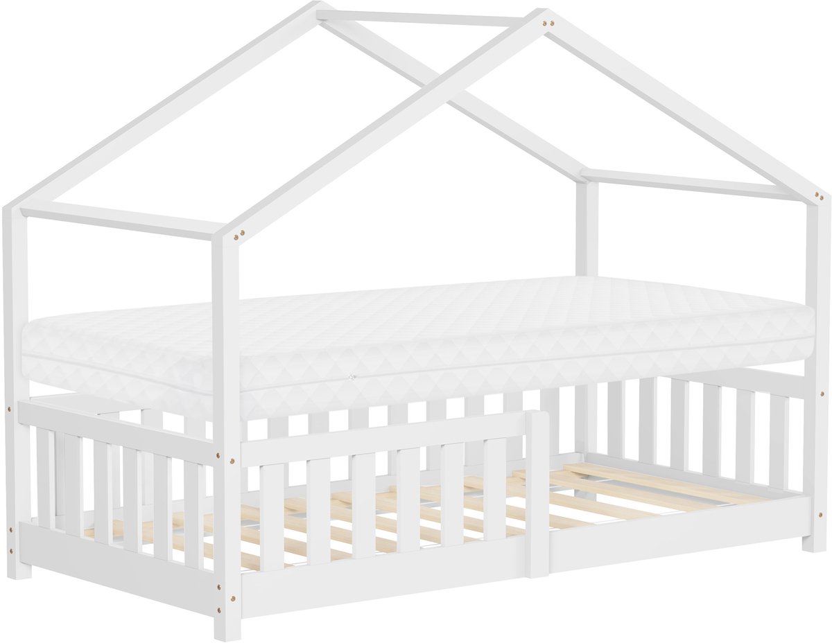 ml-design kinderbed huis 80x160 cm wit met matras houten bed met valbeveiliging lattenbodem en dak speelbed van grenenhout voor kinderen Montessori vloerbed juniorbed bedframe speels bedhuis meisjes en jongens kinderkamer massief hout