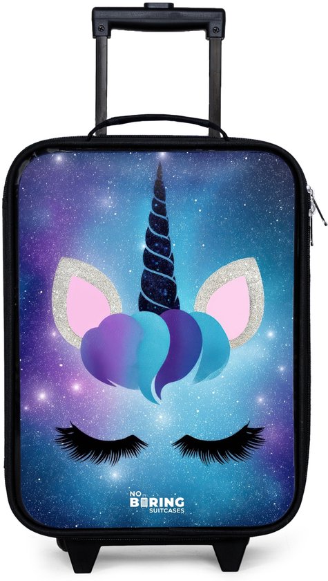 NoBoringSuitcases.com® - Valise enfant fille - Valise trolley fille - Licorne sur fond de ciel étoilé - Valise légère enfant - Valise trolley enfant - Valise à roulettes lumineuses - Valise trolley noire