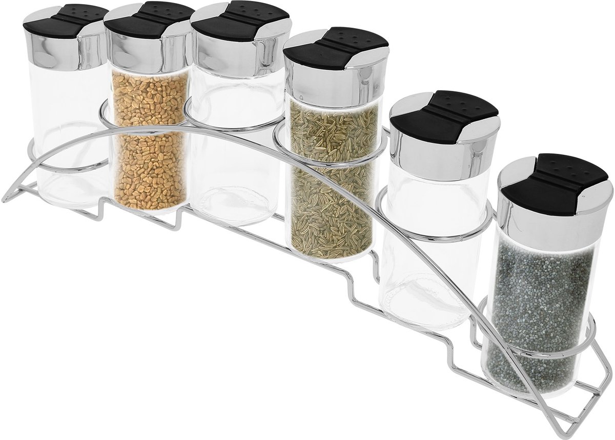 Cheffinger, Set van 6 potten van 90 ml met roestvrijstalen houder voor kruidenopslag, Zwart / Zilver