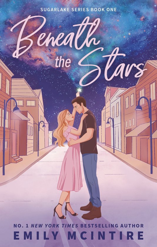 Een man en vrouw omhelzen elkaar op straat, met een nachtelijke hemel vol sterren boven hen. Titel: Beneath the Stars.
