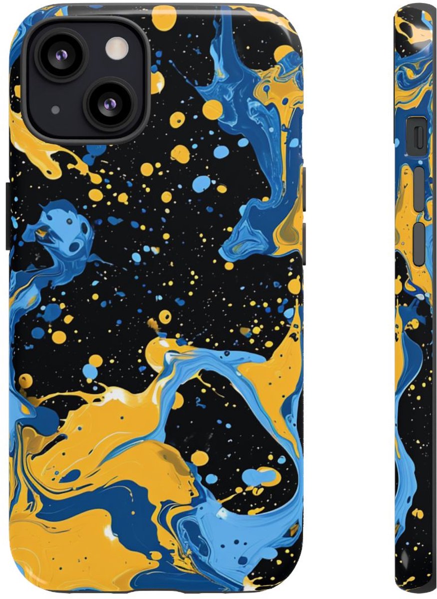 Blauwe en Gele Verfspatten Abstract – Telefoonhoesje Geschikt voor iPhone 13