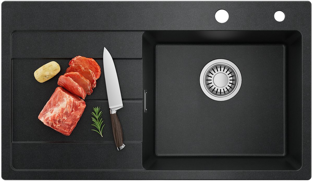 CECIPA MAX Granieten Spoelbak 78x45CM - Spoelbakken Keuken Zwart - Spoelbak Met Planchet en Afdruiprek - Spoelbakken Incl. Sifon en Afvoerzeefje