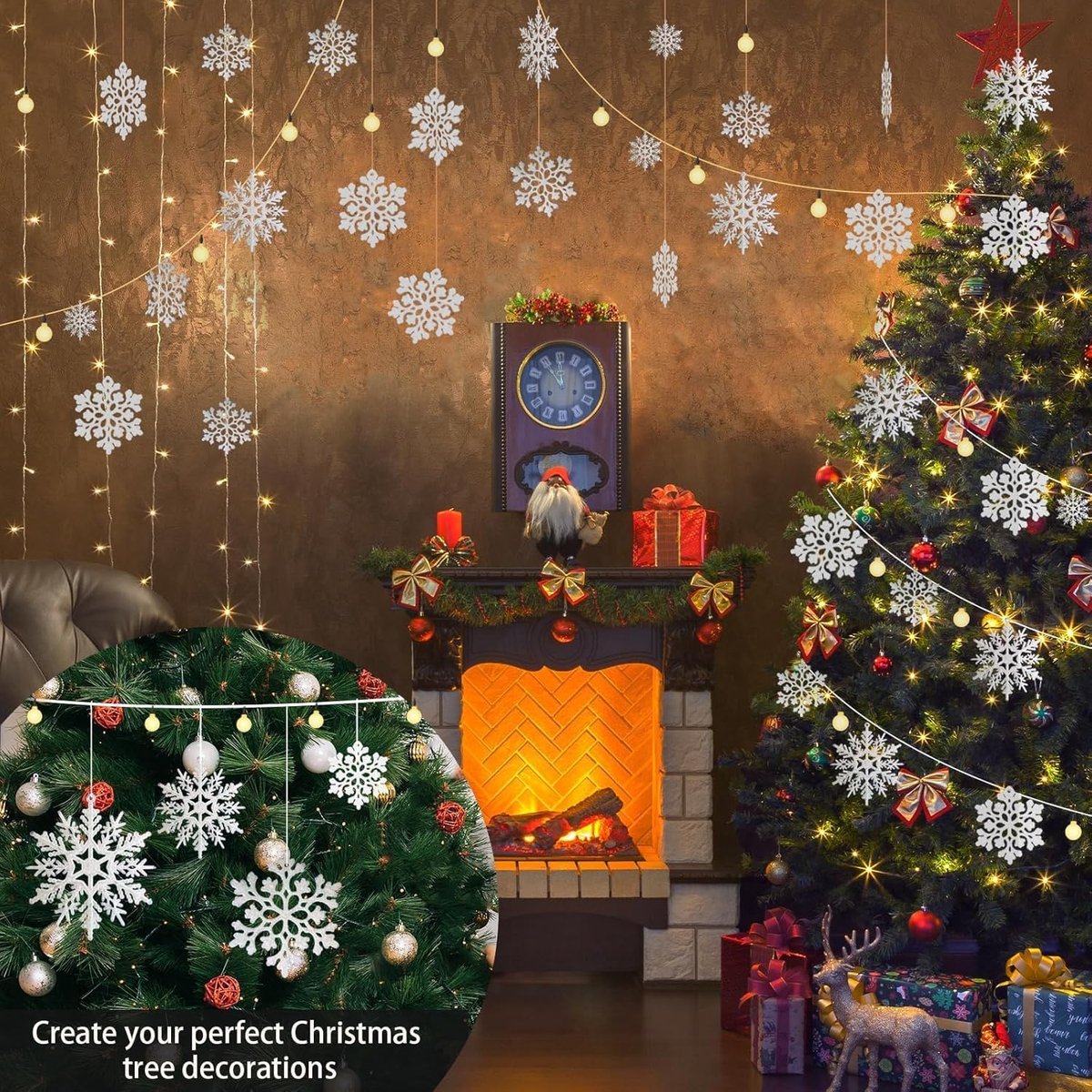 Sneeuwvlokken - Kerstboomversiering - Sneeuwvlokversiering voor in de boom - Plastic glitter witte sneeuwvlokversiering - Kerstdecoratie voor binnen in winterwonderland - 36 stuks - wit – foto 3