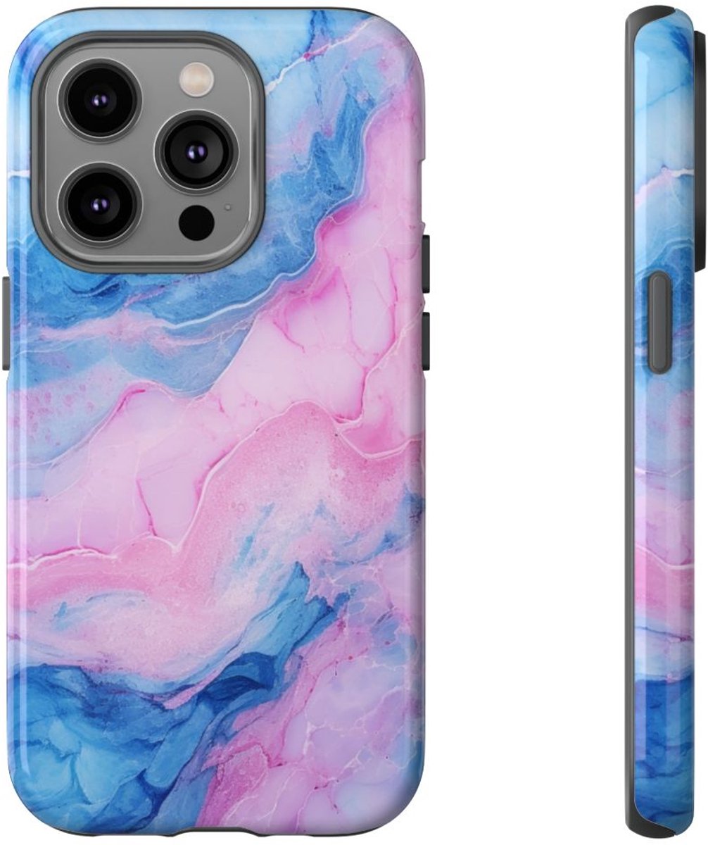 Blauw-Roze Marmerstructuur – Glanzend Stevig Hoesje Geschikt voor iPhone 14 Pro