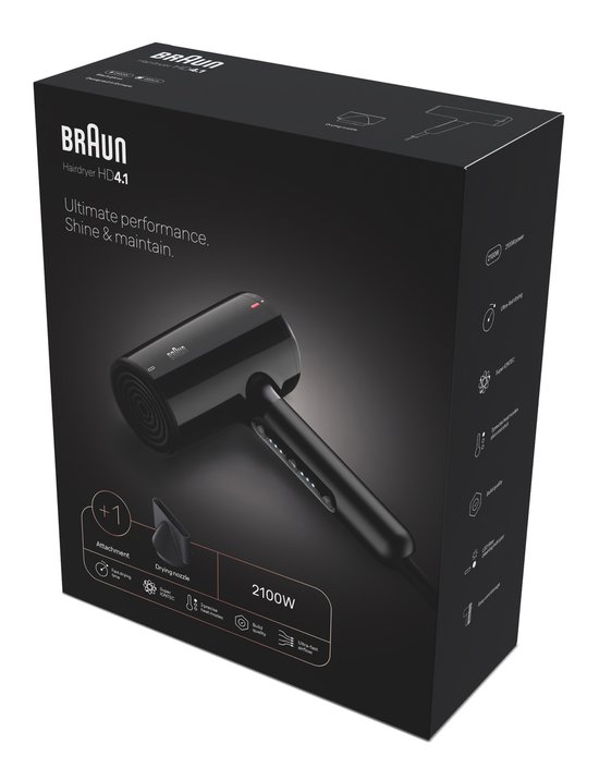 Sèche-cheveux Braun HD4.1 BRHD410E - Séchage - Super IONTEC anti-frisottis - 3 températures + Shot Cool - Livré avec souffleur