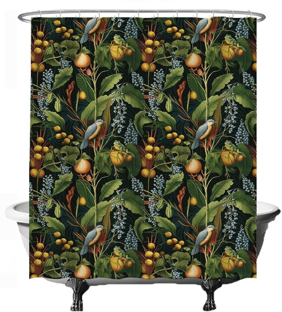 Rideau de douche avec motif tropical de feuilles, fruits, oiseaux et grenouilles sur fond noir.
