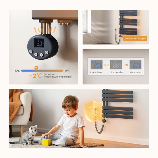 Donkergrijze handdoekradiator met 5 verwarmde staven. Digitale thermostaat toont 30°C. Inclusief temperatuurcompensatie (-2°C tot 5°C).
