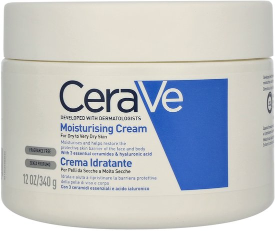Witte pot CeraVe Moisturising Cream. Blauwe band met tekst. 340g.