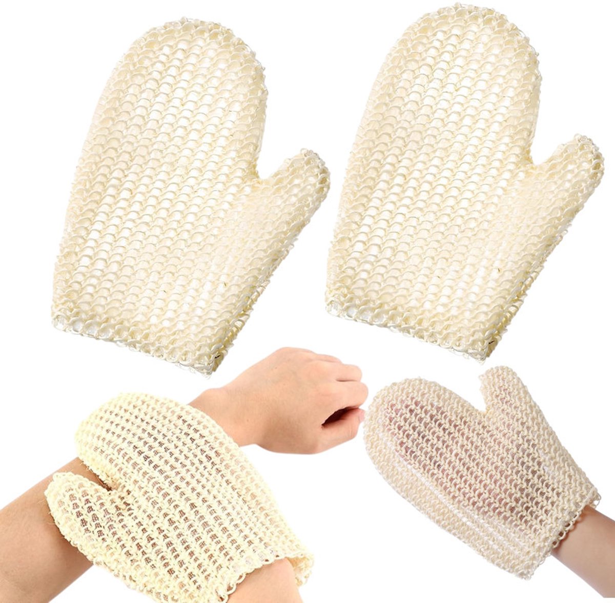 2 stuks - Sisal badhandschoenen - Ramie badhandschoenen - Dubbelzijdige vierkante badhandschoenen - Sisal exfoliërende handschoenen - Massagehandschoenen voor alle huidtypen - Massagehandschoenen - Badhandschoenen - Ideaal voor lichaamsexfo