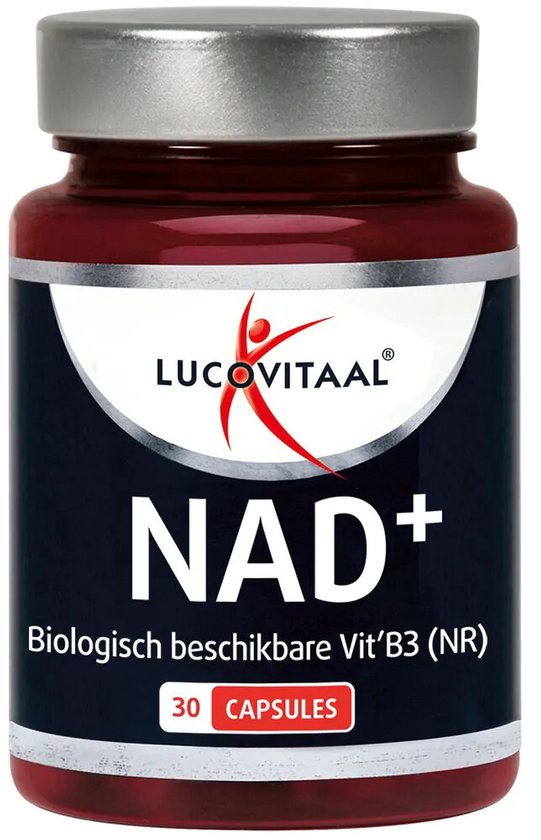 Lucovitaal NAD+ Biologisch beschikbare Vit'B3 (NR) capsules. 30 capsules in donkerrode pot met zilverkleurige dop.