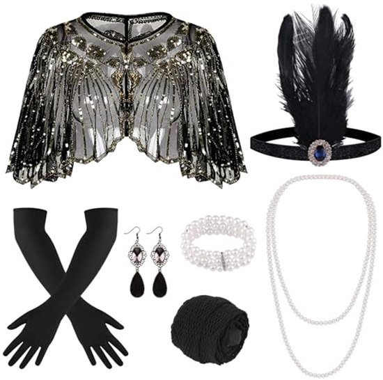 Jaren 20-kostuum voor dames, Great Gatsby-accessoires, maffia uit de jaren 20, met hoofdband, handschoenen, halskettingen, oorbellen, opvouwbare vakken, carnaval