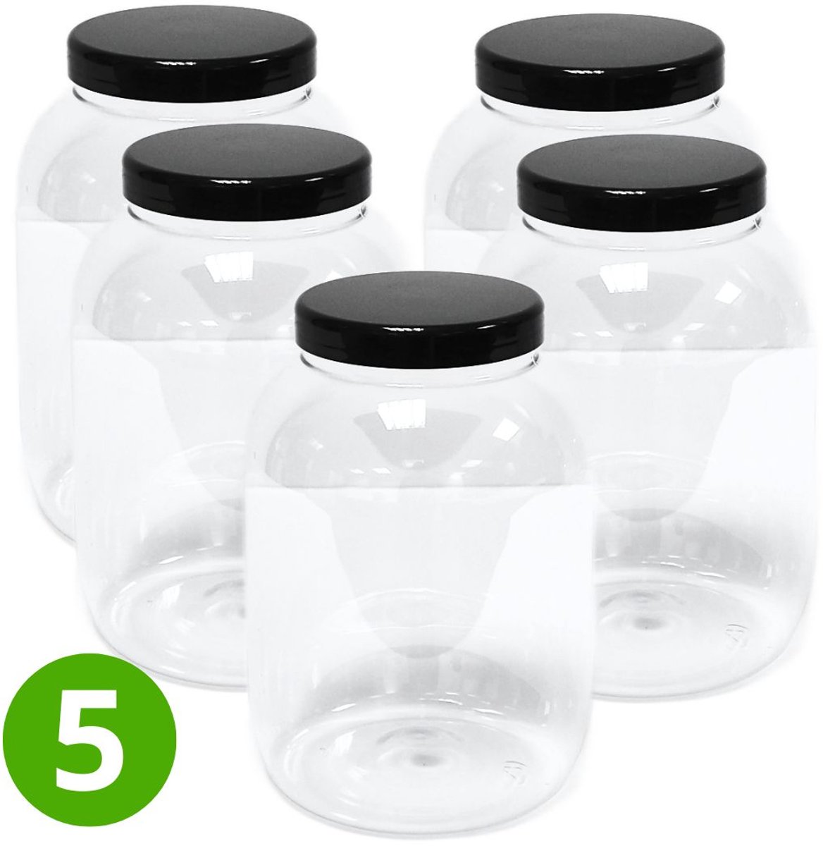 5x Ronde Pot 3000ml met Schroefdeksel - Zwarte Dop - Transparant - ALPHA - Plastic Potjes met Deksel - Cosmetica - Voorraadpot - Opbergpot- Bewaarpot - Voedselveilig - Navulbaar - PET Kunststof Pot - Multifunctioneel