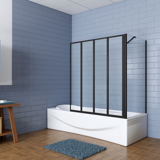 Paroi de baignoire Aica style industriel 90 x 70 x 140 cm, 4 éléments, pliable - Verre trempé 4 mm - Cadre noir mat