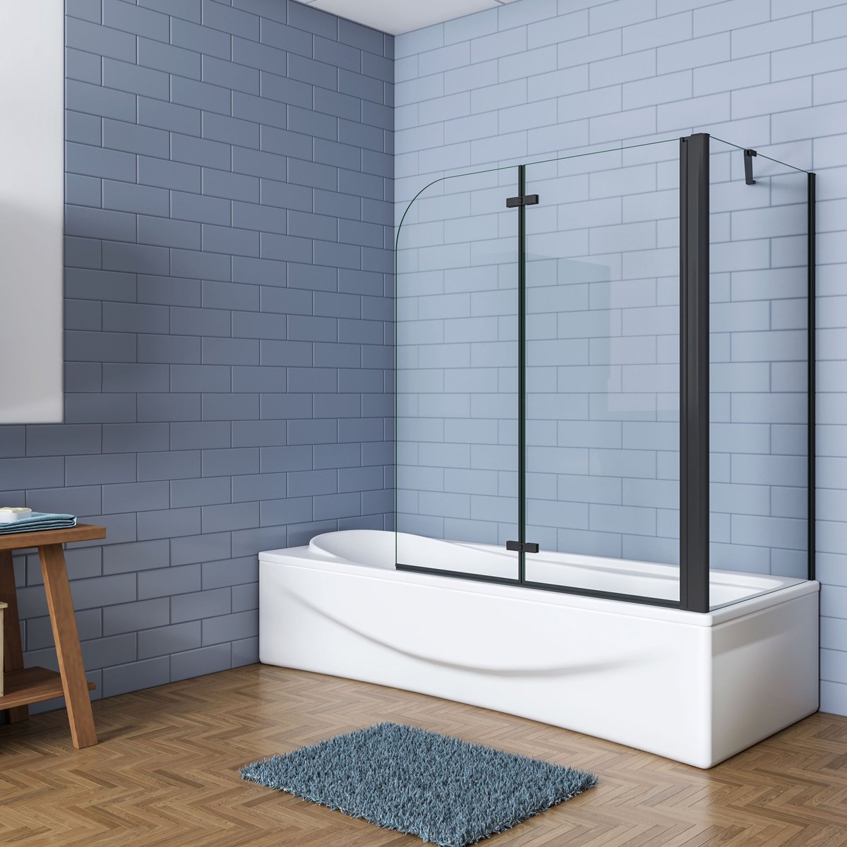 Aica Luxe Badwand 110x80x140cm-2-Delig Inklapbaar 6mm Transparant Easy Clean Gehard Glas-mat zwart-Eenvoudige Montage