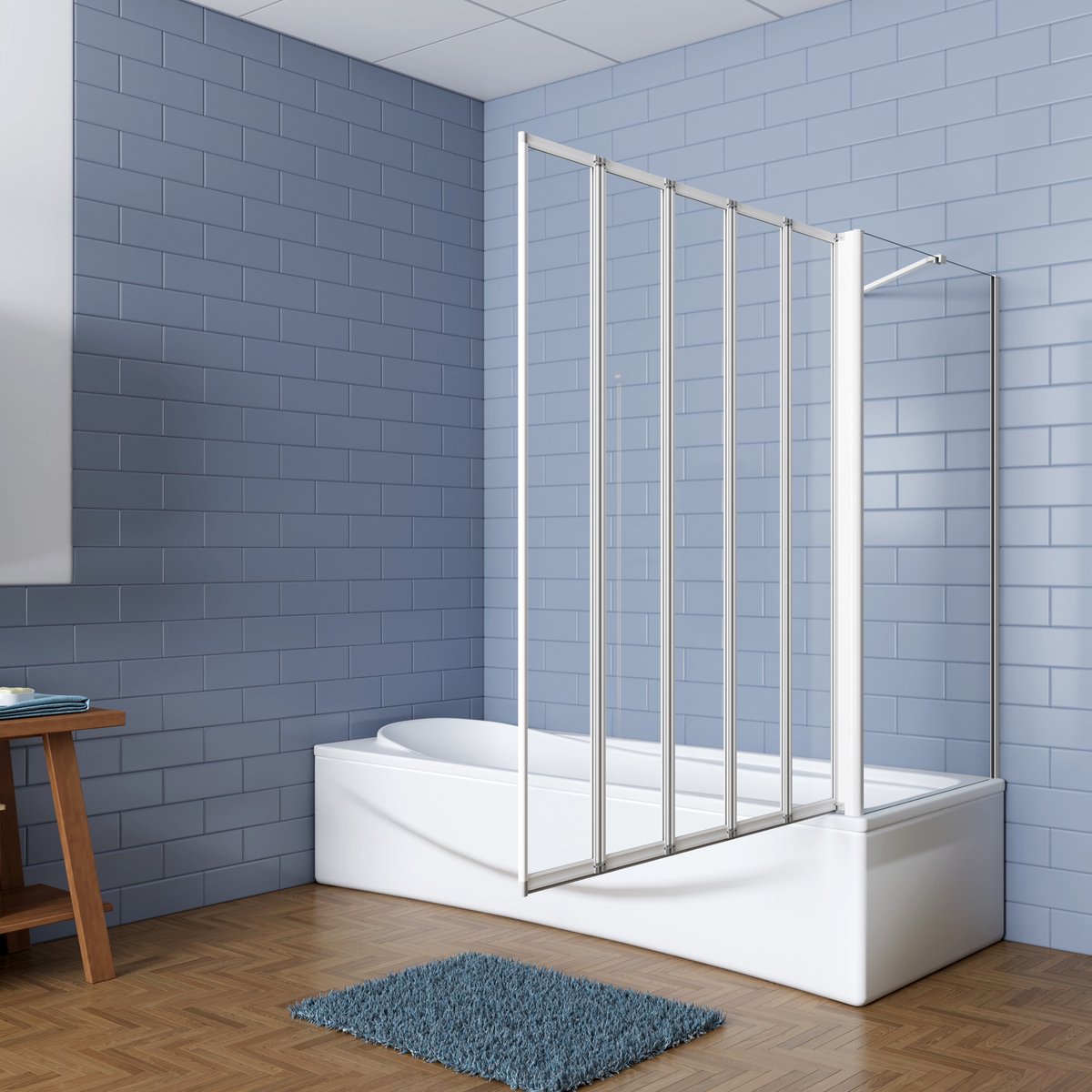 Aica Badwand 120x70x140cm 5-Delige Inklapbaar 4mm gehard glas-Grijs frame