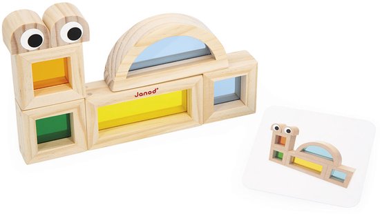 Janod Sensorisch - Doorschijnende Blokkenset - Bestaat uit 12 Geometrische Blokken Met Transparante Stukken In Het Midden - Inclusief 6 Modelkaarten Voor Het Maken Van De Leukste Personages En dieren - Educatief Speelgoed - Geschikt Vanaf 1 Jaar van Janod — afbeelding 4