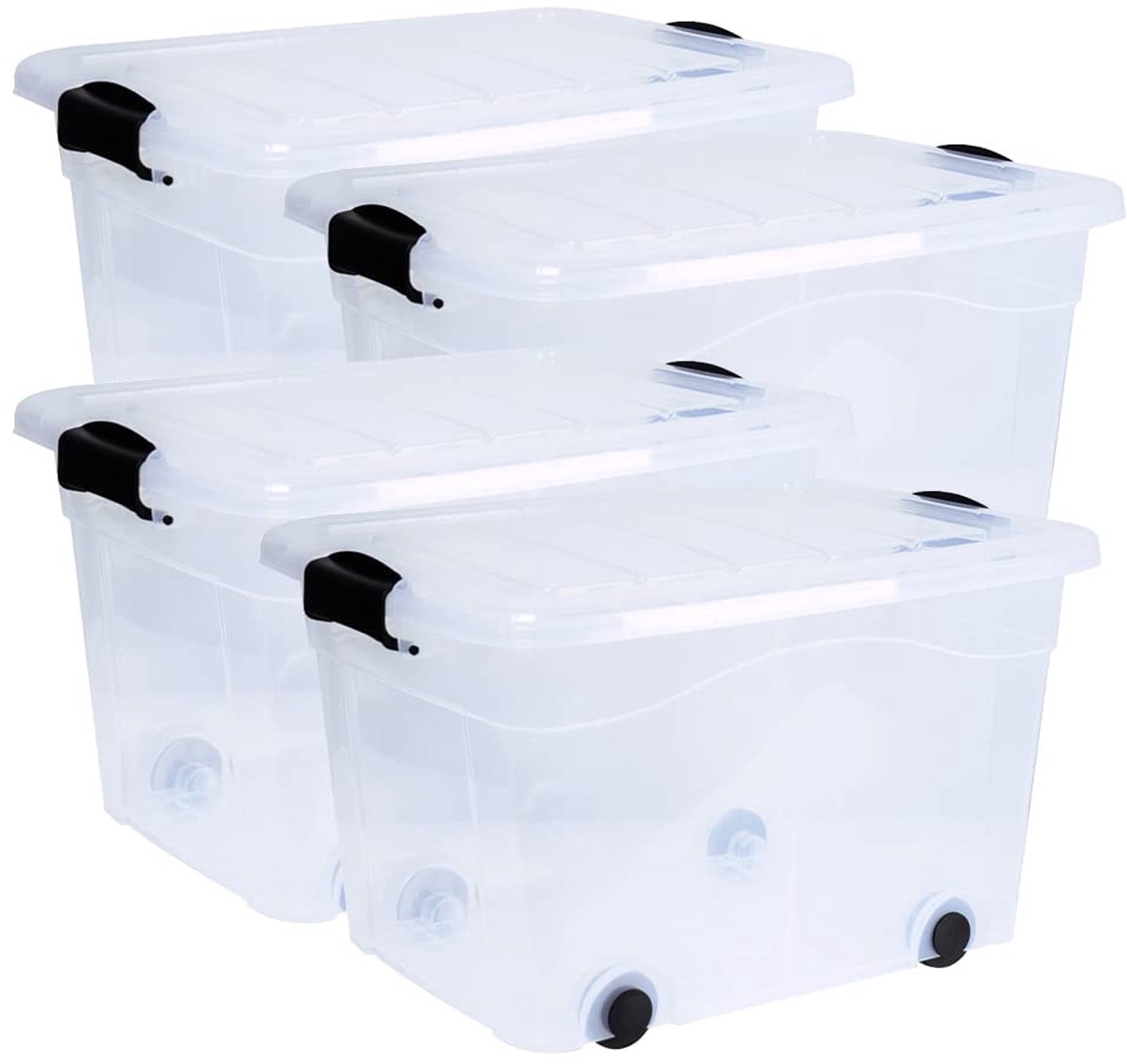 Azomor® Set van 4 Transparante Opbergdozen van 20 Liter met Wielen en Deksel