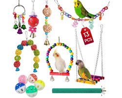 13 stuks papegaaien combinatie speelgoedset - vogel speelgoed -vogelkooi accessoires - kleurrijk speelgoed - schommel hangend, staand kauwspeelgoed, hangmat, ladder speelgoed - geschikt voor - vogels, papegaaien, plevieren -Willekeurige kleur