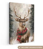 Canvas schilderij 80x120 cm - Exclusieve wanddecoratie Winter - Bos - Rendier - Donker - Muurdecoratie woonkamer - Slaapkamer decoratie - Kamer accessoires - Schilderijen op canvas
