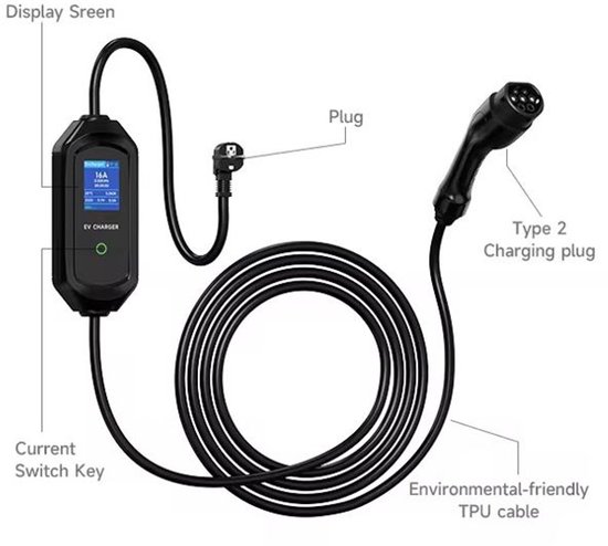 Mobiele Thuislader 3.7kW Type 2 - 5meter - Stopcontact - App-functie - 6A-16A instelbaar - Memory & Uitgesteld laden - IP65 - Inclusief Tas van Merkloos — afbeelding 2